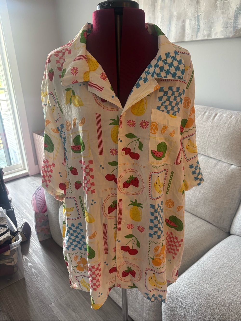 Women’s Fruit-Print Button Front - White with Multicolor Fruit